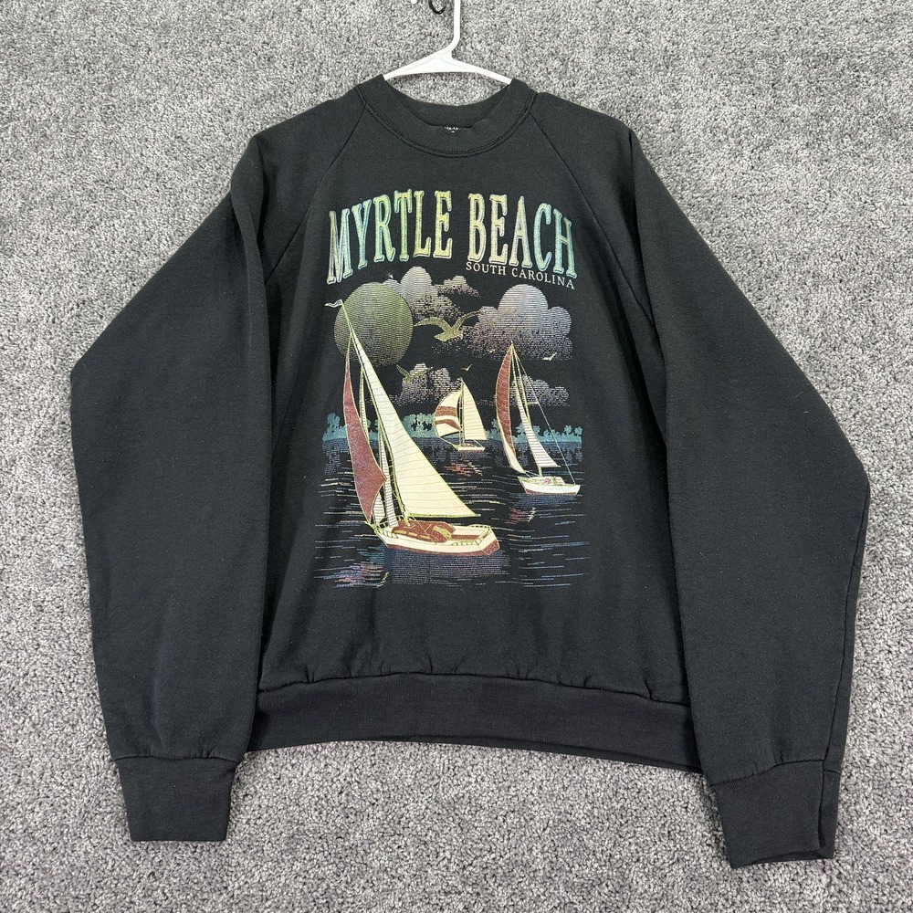 Vtg Myrtle Beach Sweatshirt Mens Large Black Fleece Crewneck Sailboat Graphic SC